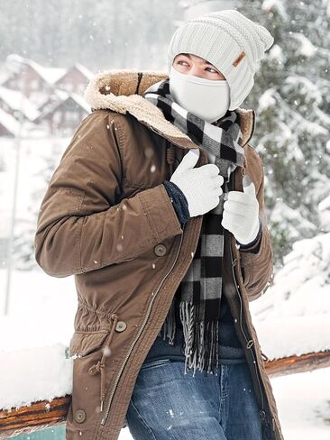 Aneco Winter Warm Sets Buffalo Plaid Scarf Knitted Beanie Hat Gloves Earloop Warm Cover for Men and Women in Saudi Arabia