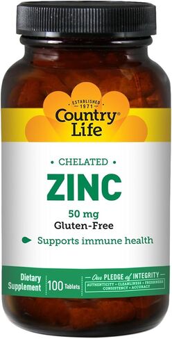 Country Life Zinc 50mg، خلات الأحماض الأمينية، 100 قرص، معتمد خالي من الغلوتين، نباتي معتمد، تم التحقق من عدم وجود كائنات معدلة وراثيًا in Saudi Arabia