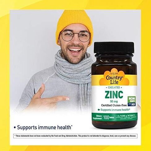 Country Life Zinc 50mg، خلات الأحماض الأمينية، 100 قرص، معتمد خالي من الغلوتين، نباتي معتمد، تم التحقق من عدم وجود كائنات معدلة وراثيًا in Saudi Arabia