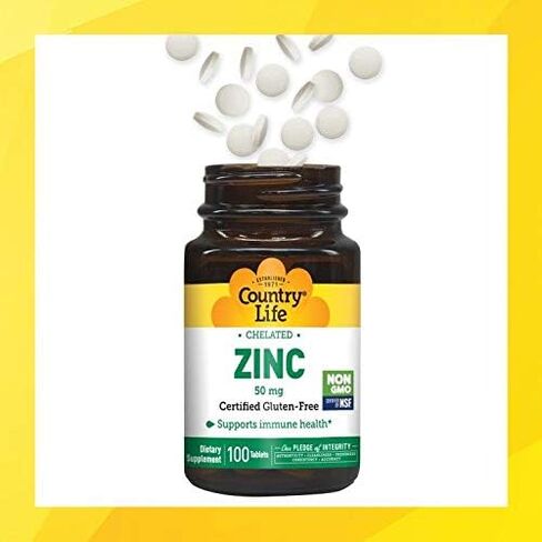 Country Life Zinc 50mg، خلات الأحماض الأمينية، 100 قرص، معتمد خالي من الغلوتين، نباتي معتمد، تم التحقق من عدم وجود كائنات معدلة وراثيًا in Saudi Arabia