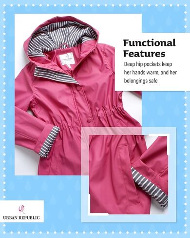 معطف واق من المطر للفتيات من URBAN REPUBLIC - سترة مطر مقاومة للماء ومضادة للرياح (7-16) in Kuwait