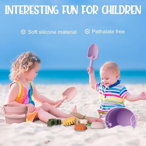 Hungdao 14 Pcs Silicone Beach Toys Travel Beach Set Sand Toys Include 2 Silicone Bucket Pail, 2 Shovel, 9 Sand Molds, 1 Beach Bag for Boys Girls Summer Pool Outdoor Bath Toys (Blue, Green) in Saudi Arabia