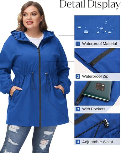 Hanna Nikole Women's Plus Size Long Hooded Raincoat Lightweight Waterproof Windbreaker Jacket in Saudi Arabia