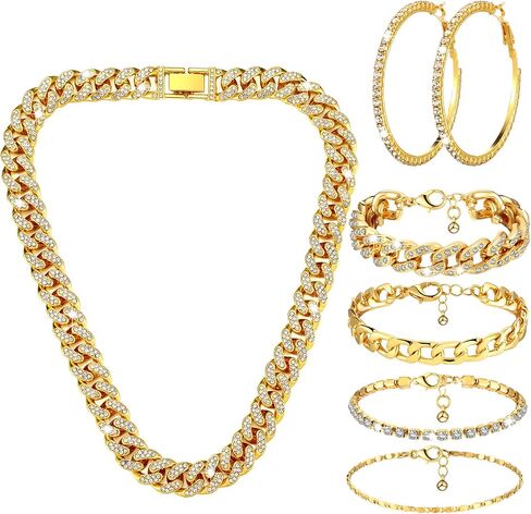 6 Pcs Cuban Link Chain Jewelry Set Cuban Rhinestone Necklace Bracelet Earrings Crystal Cuban Necklaces Bling Cuban Link Chain Jewelry Set Circle Earrings Chain Bracelet for Women Girls in Kuwait