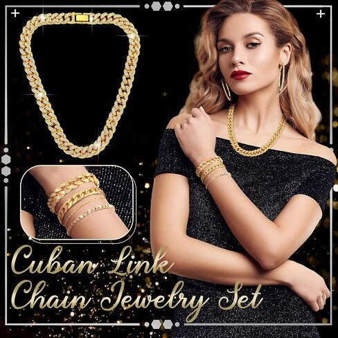 6 Pcs Cuban Link Chain Jewelry Set Cuban Rhinestone Necklace Bracelet Earrings Crystal Cuban Necklaces Bling Cuban Link Chain Jewelry Set Circle Earrings Chain Bracelet for Women Girls in Kuwait
