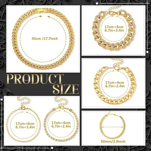 6 Pcs Cuban Link Chain Jewelry Set Cuban Rhinestone Necklace Bracelet Earrings Crystal Cuban Necklaces Bling Cuban Link Chain Jewelry Set Circle Earrings Chain Bracelet for Women Girls in Kuwait