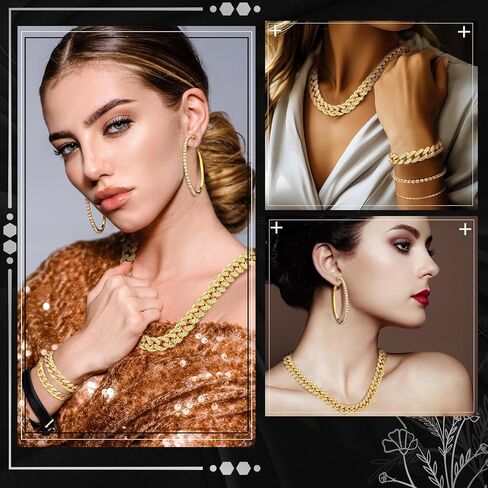 6 Pcs Cuban Link Chain Jewelry Set Cuban Rhinestone Necklace Bracelet Earrings Crystal Cuban Necklaces Bling Cuban Link Chain Jewelry Set Circle Earrings Chain Bracelet for Women Girls in Kuwait
