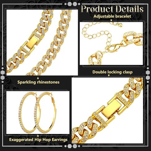 6 Pcs Cuban Link Chain Jewelry Set Cuban Rhinestone Necklace Bracelet Earrings Crystal Cuban Necklaces Bling Cuban Link Chain Jewelry Set Circle Earrings Chain Bracelet for Women Girls in Kuwait