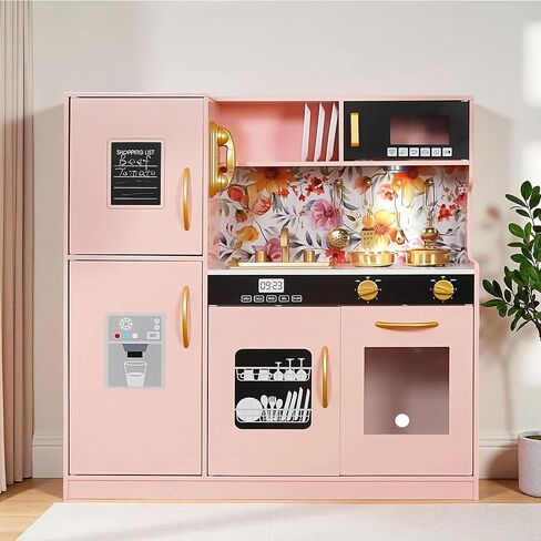 Touch us Wooden Play Kitchen Toy Set with Light, Kids Children Pretend Toy Kitchen Playset, Sink with Faucet, Oven, Microwave, Kitchenware Set Accessories for Ages 3-8 Girls Boys in Saudi Arabia