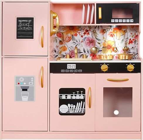Touch us Wooden Play Kitchen Toy Set with Light, Kids Children Pretend Toy Kitchen Playset, Sink with Faucet, Oven, Microwave, Kitchenware Set Accessories for Ages 3-8 Girls Boys in Saudi Arabia