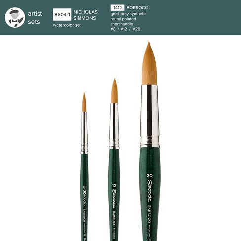 Escoda Signature Series Artist Watercolor Brush Set, Nicholas Simmons Set #1, Barroco Synthetic Gold Toray, Size (Round( 8, 12, 20 in Kuwait