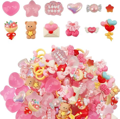 100PCS Valentine’s Day Slime Charms Kalolary Valentine Resin Flatback Charms Heart Rose Flower Resin Embellishments Ornaments Kawaii LOVE Craft Decoration for Craft Scrapbook Phone Case DIY Making in Kuwait