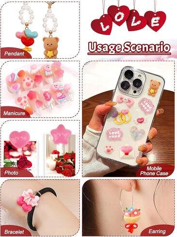 100PCS Valentine’s Day Slime Charms Kalolary Valentine Resin Flatback Charms Heart Rose Flower Resin Embellishments Ornaments Kawaii LOVE Craft Decoration for Craft Scrapbook Phone Case DIY Making in Kuwait