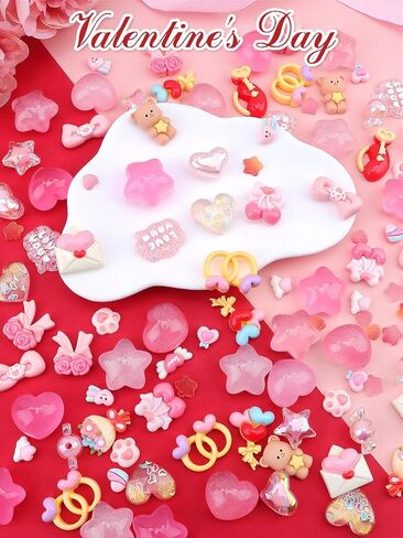 100PCS Valentine’s Day Slime Charms Kalolary Valentine Resin Flatback Charms Heart Rose Flower Resin Embellishments Ornaments Kawaii LOVE Craft Decoration for Craft Scrapbook Phone Case DIY Making in Kuwait