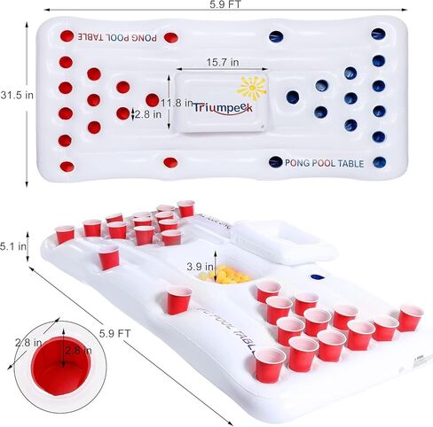 Triumpeek Inflatable Pool Game Table Float, 6FT Blow Up Floating Pool Game Raft Lounge, Fun Pool Party Game Table for Adults, Cups & Balls NOT Included in Saudi Arabia