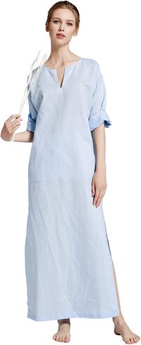 7 VEILS Men’s Natural Linen Robe Casual Caftan Cotton Thobe V Neck Long Gown Kaftan Nightshirt Loungewear… in Kuwait