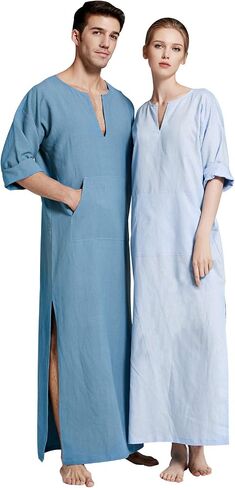 7 VEILS Men’s Natural Linen Robe Casual Caftan Cotton Thobe V Neck Long Gown Kaftan Nightshirt Loungewear… in Kuwait
