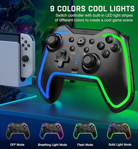 وحدة تحكم التبديل ELISWEEN، وحدات تحكم التبديل اللاسلكية LED المتوافقة مع وحدة تحكم Nintendo Switch/Lite/OLED، وحدة تحكم COOL RGB Switch Pro تعمل مع iOS/Android/PC مع Macro وTURBO وWakeup in Kuwait