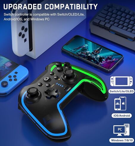 وحدة تحكم التبديل ELISWEEN، وحدات تحكم التبديل اللاسلكية LED المتوافقة مع وحدة تحكم Nintendo Switch/Lite/OLED، وحدة تحكم COOL RGB Switch Pro تعمل مع iOS/Android/PC مع Macro وTURBO وWakeup in Kuwait