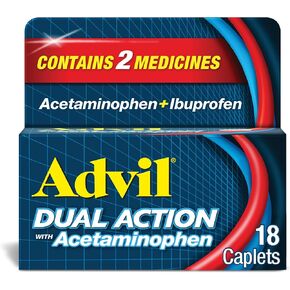 Advil Dual Action with Acetaminophen combination of 250mg Ibuprofen and 500mg Acetaminophen Coated Caplets for 8 hours of pain relief 18 Caplets, 5.41 Fl oz