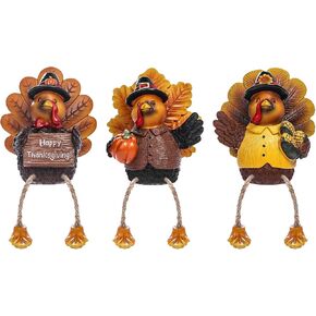 ALLADINBOX Thanksgiving Turkey Tabletop Centerpieces 3 Pcs Resin Pilgrim Turkey Figurines Thanksgiving Decorative Shelf Sitters with Dangling Legs, Harvest Fall Decor Home Kitchen Autumn Displays in Kuwait