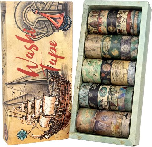 MPOPUUL 26 Rolls Vintage Washi Tape Set - Decorative Craft Tape Sailing,Navigation,Maps,Galaxies,Hot air Balloon,Adhesive Wide Tape for Journaling Supplies,Scrapbooking,Junk Journal Supplies in Kuwait