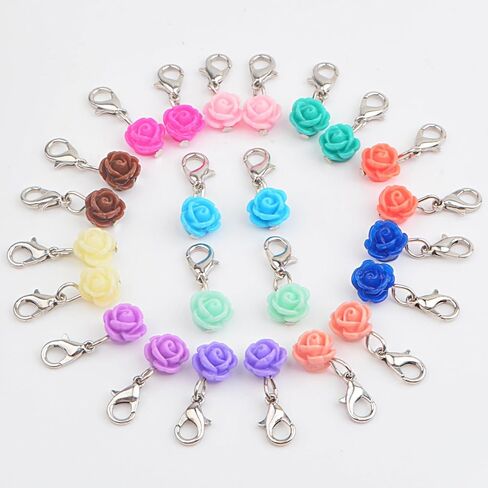 Aylifu 24pcs Clip On Flower Charms Rose Dangle Charms Pendant with Lobster Clasp for DIY Bracelet Necklace Jewelry Making,12 Colors in Saudi Arabia