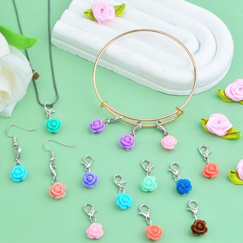 Aylifu 24pcs Clip On Flower Charms Rose Dangle Charms Pendant with Lobster Clasp for DIY Bracelet Necklace Jewelry Making,12 Colors in Saudi Arabia