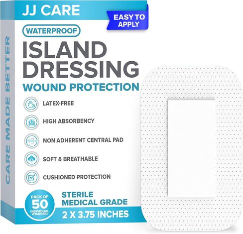 JJ CARE Waterproof Adhesive Island Dressing [Pack of 50], 2" x 3.75" Sterile Island Wound Dressing, Breathable Bordered Gauze Dressing, Individually Wrapped Latex Free Bandages, Non-Stick Central Pad in Saudi Arabia