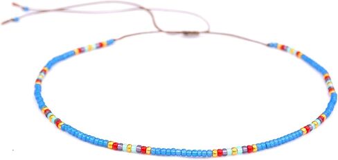 Boho Beaded Choker Necklace for Women and Teen Girls, Thin Turquoise Green Adjustable India Style Beads Necklace, Handmade Bohemian Hippie Native American Style Jewelry by Tribes in Kuwait