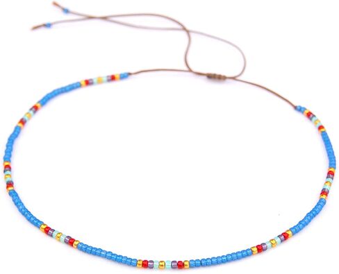Boho Beaded Choker Necklace for Women and Teen Girls, Thin Turquoise Green Adjustable India Style Beads Necklace, Handmade Bohemian Hippie Native American Style Jewelry by Tribes in Kuwait