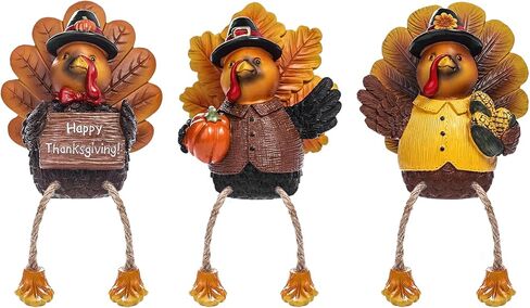 ALLADINBOX Thanksgiving Turkey Tabletop Centerpieces 3 Pcs Resin Pilgrim Turkey Figurines Thanksgiving Decorative Shelf Sitters with Dangling Legs, Harvest Fall Decor Home Kitchen Autumn Displays in Kuwait