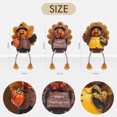 ALLADINBOX Thanksgiving Turkey Tabletop Centerpieces 3 Pcs Resin Pilgrim Turkey Figurines Thanksgiving Decorative Shelf Sitters with Dangling Legs, Harvest Fall Decor Home Kitchen Autumn Displays in Kuwait