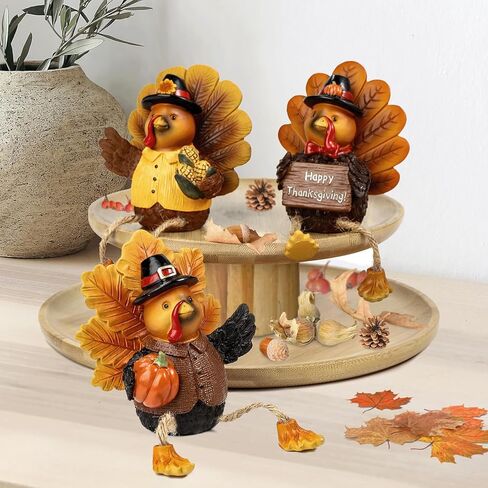 ALLADINBOX Thanksgiving Turkey Tabletop Centerpieces 3 Pcs Resin Pilgrim Turkey Figurines Thanksgiving Decorative Shelf Sitters with Dangling Legs, Harvest Fall Decor Home Kitchen Autumn Displays in Kuwait