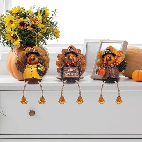 ALLADINBOX Thanksgiving Turkey Tabletop Centerpieces 3 Pcs Resin Pilgrim Turkey Figurines Thanksgiving Decorative Shelf Sitters with Dangling Legs, Harvest Fall Decor Home Kitchen Autumn Displays in Kuwait