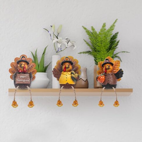 ALLADINBOX Thanksgiving Turkey Tabletop Centerpieces 3 Pcs Resin Pilgrim Turkey Figurines Thanksgiving Decorative Shelf Sitters with Dangling Legs, Harvest Fall Decor Home Kitchen Autumn Displays in Kuwait