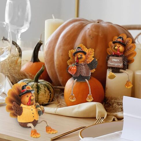 ALLADINBOX Thanksgiving Turkey Tabletop Centerpieces 3 Pcs Resin Pilgrim Turkey Figurines Thanksgiving Decorative Shelf Sitters with Dangling Legs, Harvest Fall Decor Home Kitchen Autumn Displays in Kuwait