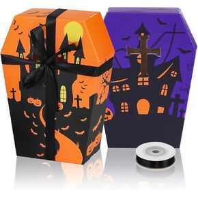 OPELETNNT 16 Pcs Halloween Coffin Boxes, Trick or Treat Halloween Coffin Paper with 50 Pcs Halloween Pumpkins Stickers, Candy Treat Gift Boxes for Halloween Party Decor in Kuwait
