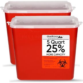 OakRidge Products Transparent Sharps Container for Home Use and Professional 5 Quart (2-Pack), Touchless Biohazard Needle and Syringe Disposal, CDC Certified in Saudi Arabia