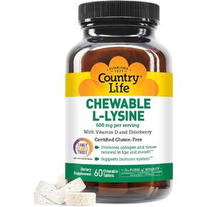 Country Life Chewable L-Lysine 600mg - 60 Tabs - Supports Immune Health - Supports Natural Collagen Production - Vitamin D - Elderberry - Great Taste in Saudi Arabia