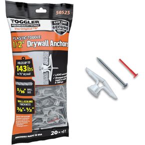 مرساة حائط جفاف منزلية من TOGGLER Toggle TB مع براغيس، Polypropylene, مصنوعة في الولايات المتحدة، نطاق الإمساك 3/8 بوصة إلى 1/2" لأحجام الربط من رقم 6 إلى رقم 14 (عبوة من 20 قطعة) in Kuwait