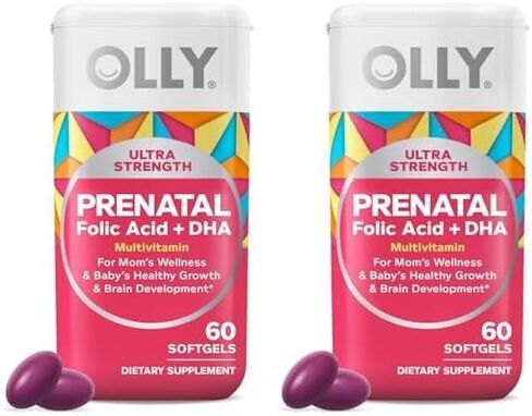 OLLY Ultra Strength Prenatal Multivitamin Softgels, Supports Healthy Growth, Brain Development, Iron, Folic Acid, DHA, Vitamins C, E, 30 Day Supply-60 Count (Packaging May Vary) in Kuwait