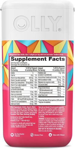 OLLY Ultra Strength Prenatal Multivitamin Softgels, Supports Healthy Growth, Brain Development, Iron, Folic Acid, DHA, Vitamins C, E, 30 Day Supply-60 Count (Packaging May Vary) in Kuwait