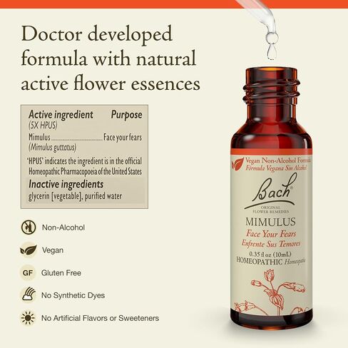 Bach Original Flower Remedies, Mimulus for Facing Fears (Non-Alcohol Formula), Natural Homeopathic Flower Essence, Holistic Wellness and Stress Relief, Vegan, 10mL Dropper in Saudi Arabia