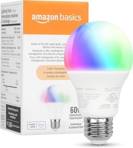 Amazon Basics - Smart A19 LED Light Bulb, 2.4 GHz Wi-Fi, 7.5W (Equivalent to 60W) 800LM, Works with Alexa Only, 1-Pack, Certified for Humans, Multicolor in Saudi Arabia