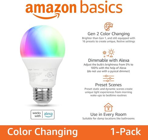 Amazon Basics - Smart A19 LED Light Bulb, 2.4 GHz Wi-Fi, 7.5W (Equivalent to 60W) 800LM, Works with Alexa Only, 1-Pack, Certified for Humans, Multicolor in Saudi Arabia