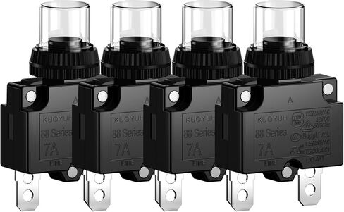 DIYhz 7Amp قواطع الدائرة الحرارية الزائد التبديل حامي 88 سلسلة دليل الضغط على زر إعادة تعيين مع محطات الاتصال السريع وغطاء زر مقاوم للماء 32VDC أو 125/250VAC 4 قطع in Kuwait