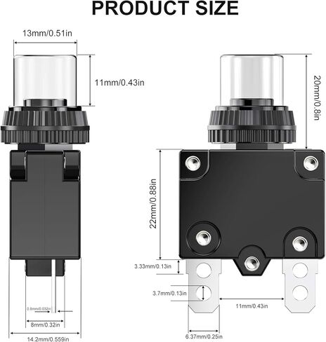 DIYhz 25Amp قواطع الدائرة الحرارية الزائد التبديل حامي 88 سلسلة دليل الضغط على زر إعادة تعيين مع محطات الاتصال السريع وغطاء زر مقاوم للماء 32VDC أو 125/250VAC 2PCS in Kuwait
