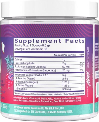 مسحوق مكمل للأحماض الأمينية الأساسية ذات السلسلة المتفرعة من Alani Nu BCAA، وفيتامينات تعافي العضلات لمرحلة ما بعد التمرين، وحلقات الخوخ الحامضة، 30 وجبة in Kuwait