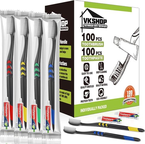 VKshop 100 فرشاة أسنان فحمية، مجموعة فرشاة أسنان للسفر ملفوفة بشكل فردي للبالغين والأطفال، مجموعة فرش أسنان يدوية للاستعمال مرة واحدة (4 ألوان) in Kuwait